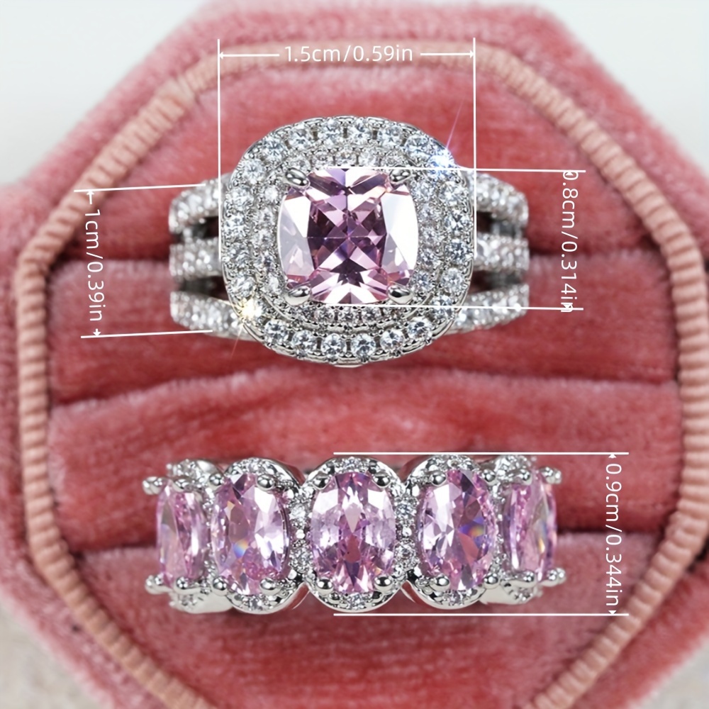 2pcs Cubic Zirconia Pink Gemstone Engagement Rings Bundle